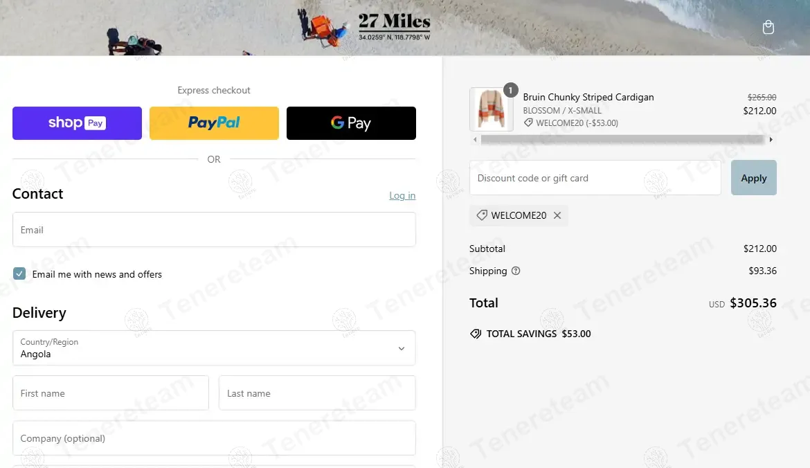 27 Miles Malibu coupon code: 20% off with WELCOME20. Tested and valid as 1 year ago.