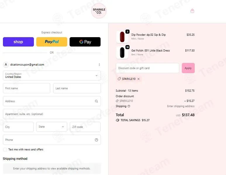 Sparkle And Co coupon code: 10% off with SPARKLE10. Tested and valid as 2 weeks ago.