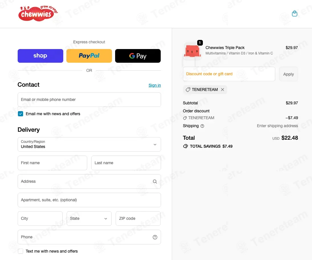 Chewwies coupon code: 25% off with TENERETEAM. Tested and valid as 1 month ago.