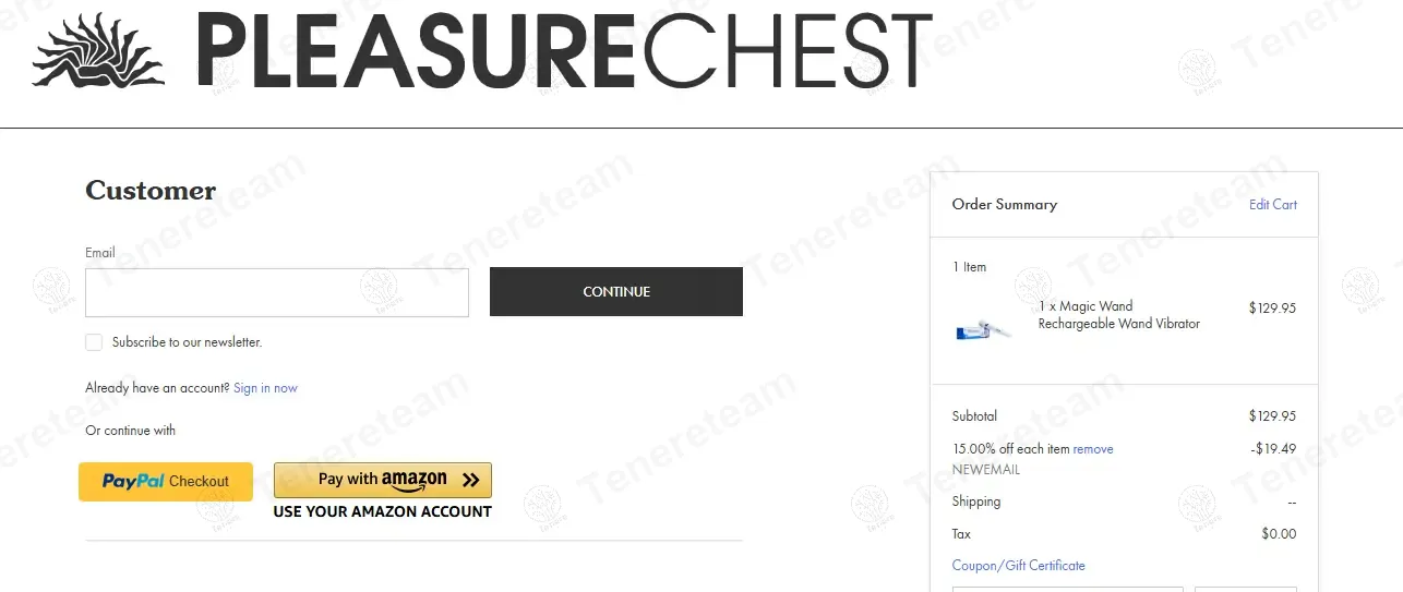 The Pleasure Chest coupon code: 15% off with NEWEMAIL. Tested and valid as 1 year ago.