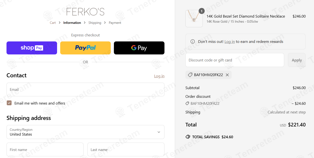 Ferkos Fine Jewelry coupon code: 10% off with baf10hm20fk22. Tested and valid as 6 months ago.