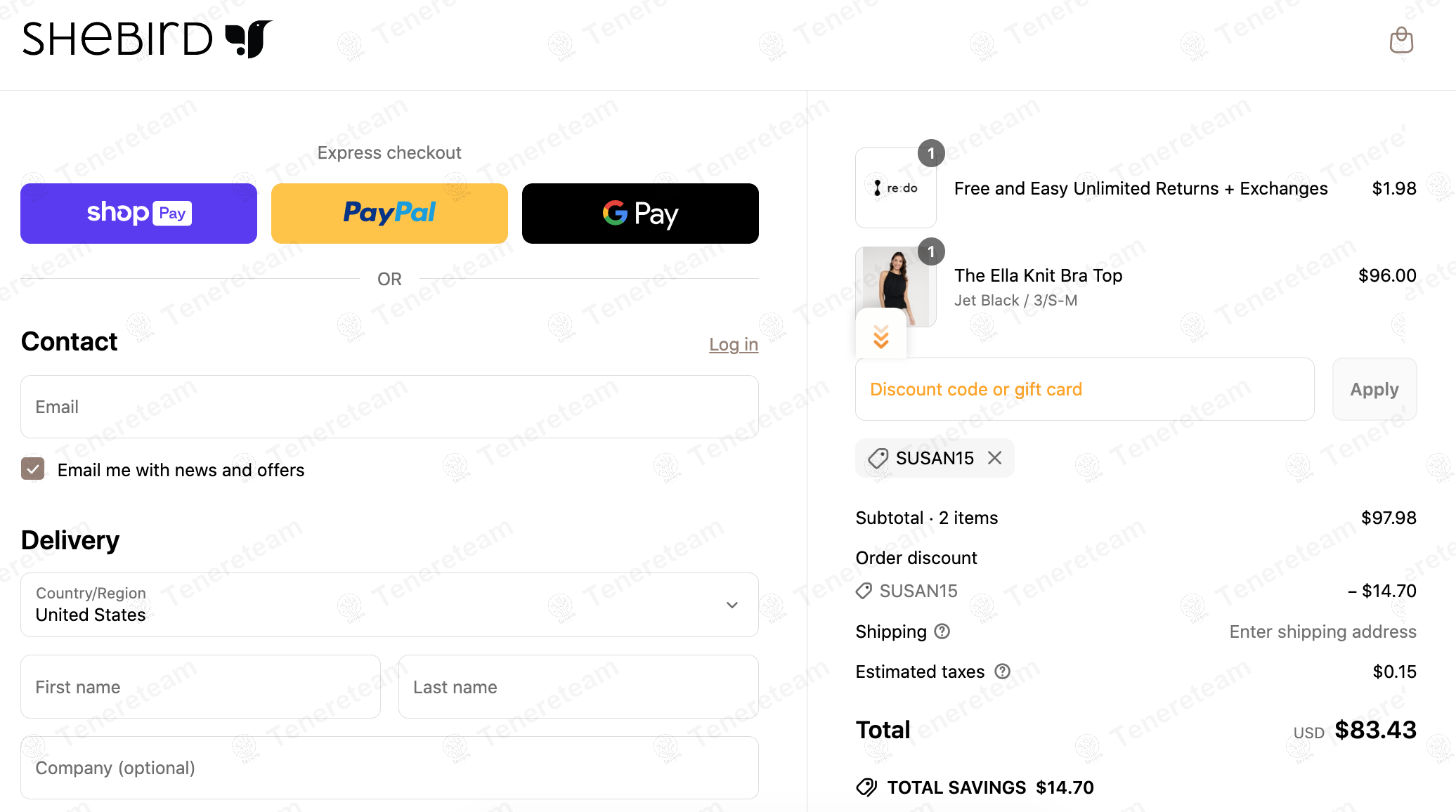 Shebird coupon code: 15% off with SUSAN15. Tested and valid as 1 year ago.