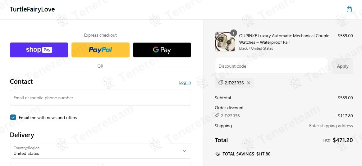 Turtle Fairy Love coupon code: 20% off with 2JD23R36. Tested and valid as 1 year ago.