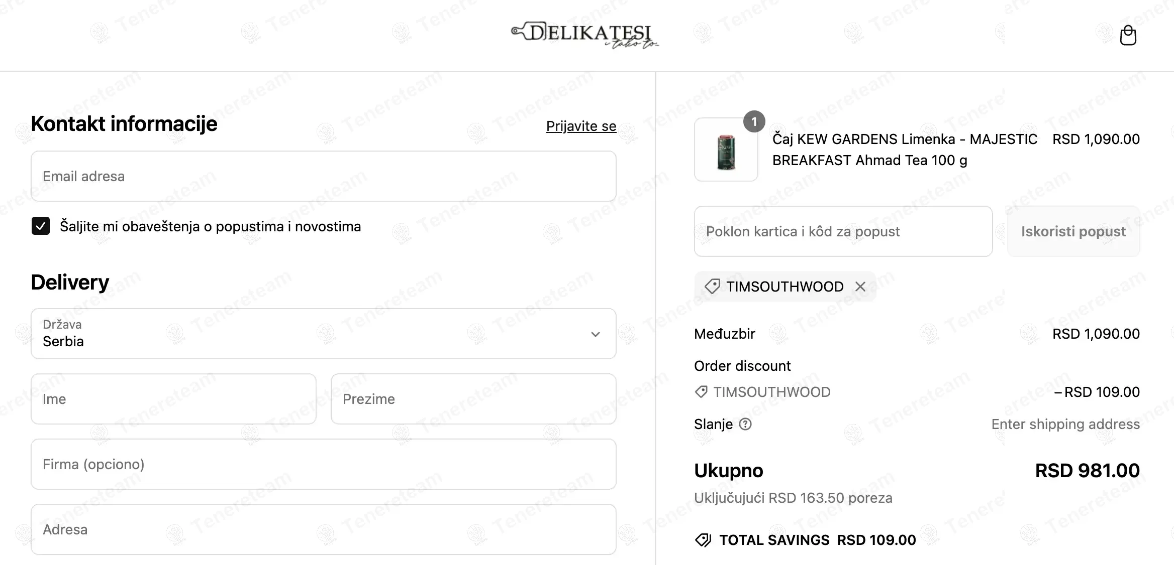 Delikatesi coupon code: 10% off with TIMSOUTHWOOD. Tested and valid as 1 year ago.