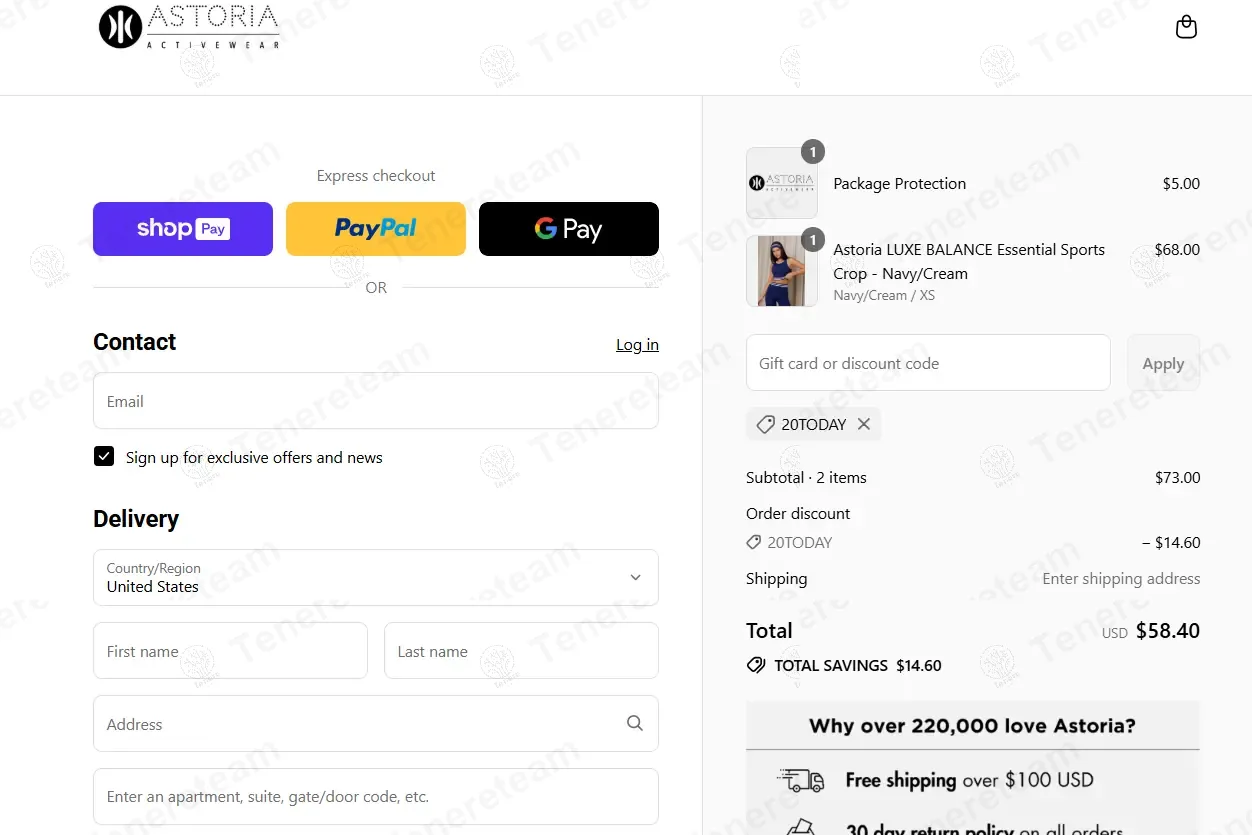 Astoria Activewear coupon code: 20% off with 20TODAY. Tested and valid as 3 weeks ago.