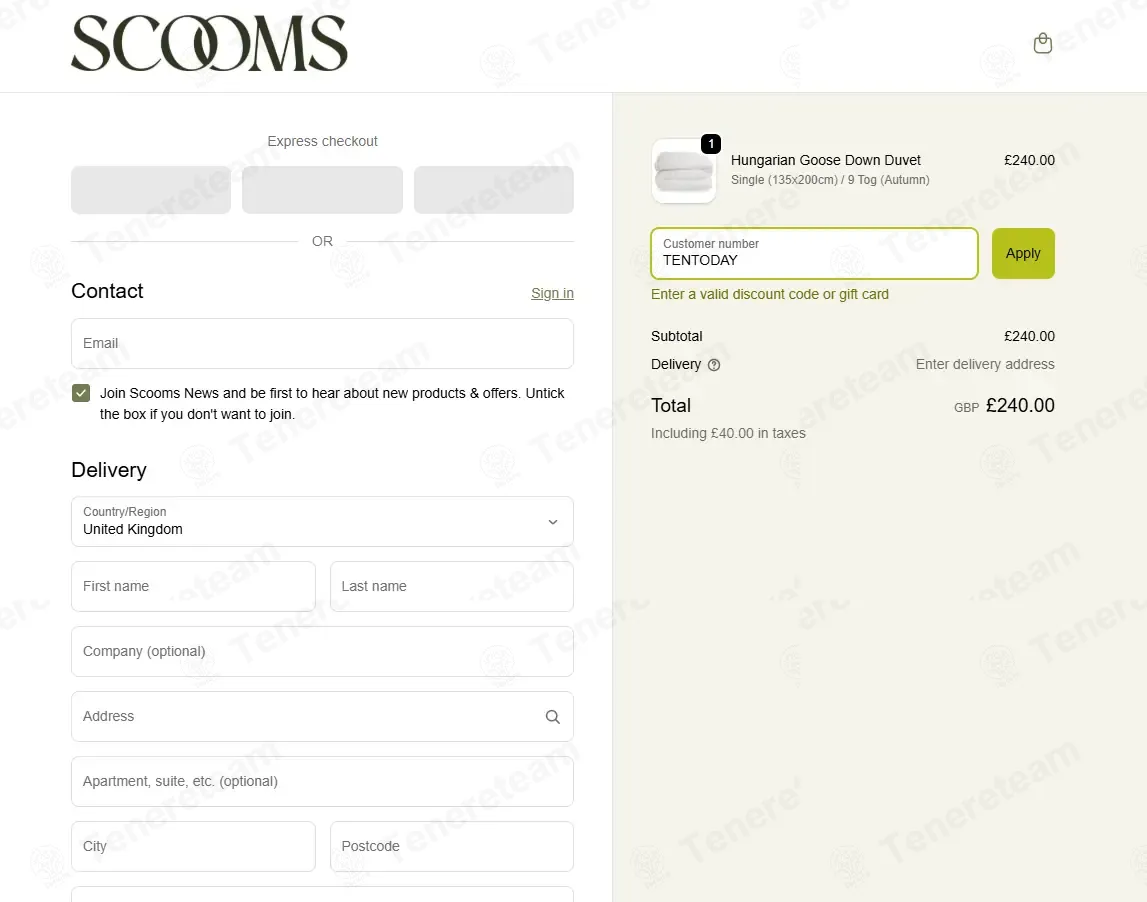 Scooms coupon code: £10 off with TENTODAY. Tested and valid as 5 months ago.