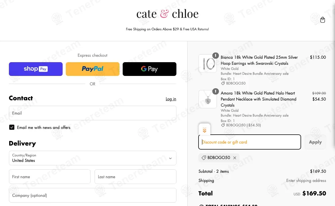 Cate And Chloe coupon code: 50% off with BDBOGO50. Tested and valid as 1 year ago.