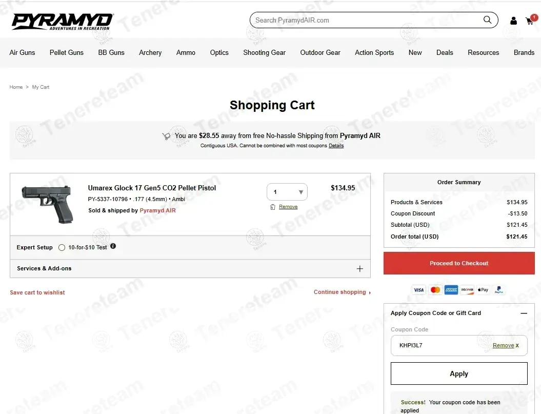Pyramyd Air coupon code: 10% off with KHPI3L7. Tested and valid as 1 month ago.