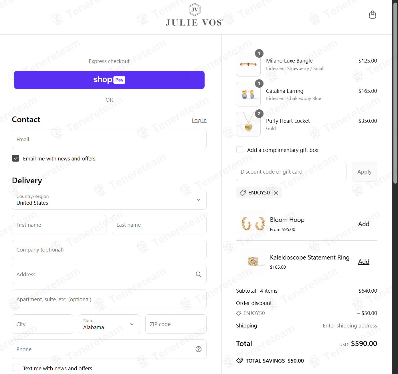 Julie Vos coupon code: $50 off with ENJOY50. Tested and valid as 1 year ago.