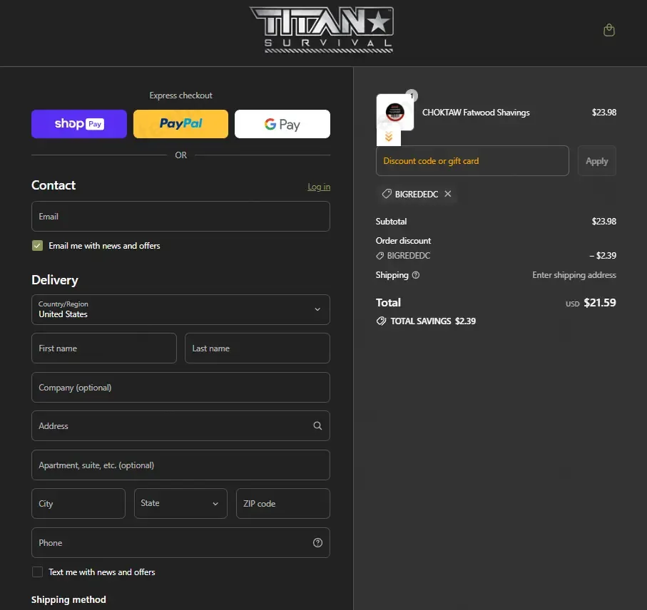 Titan Survival coupon code: 10% off with BIGREDEDC. Tested and valid as 10 months ago.