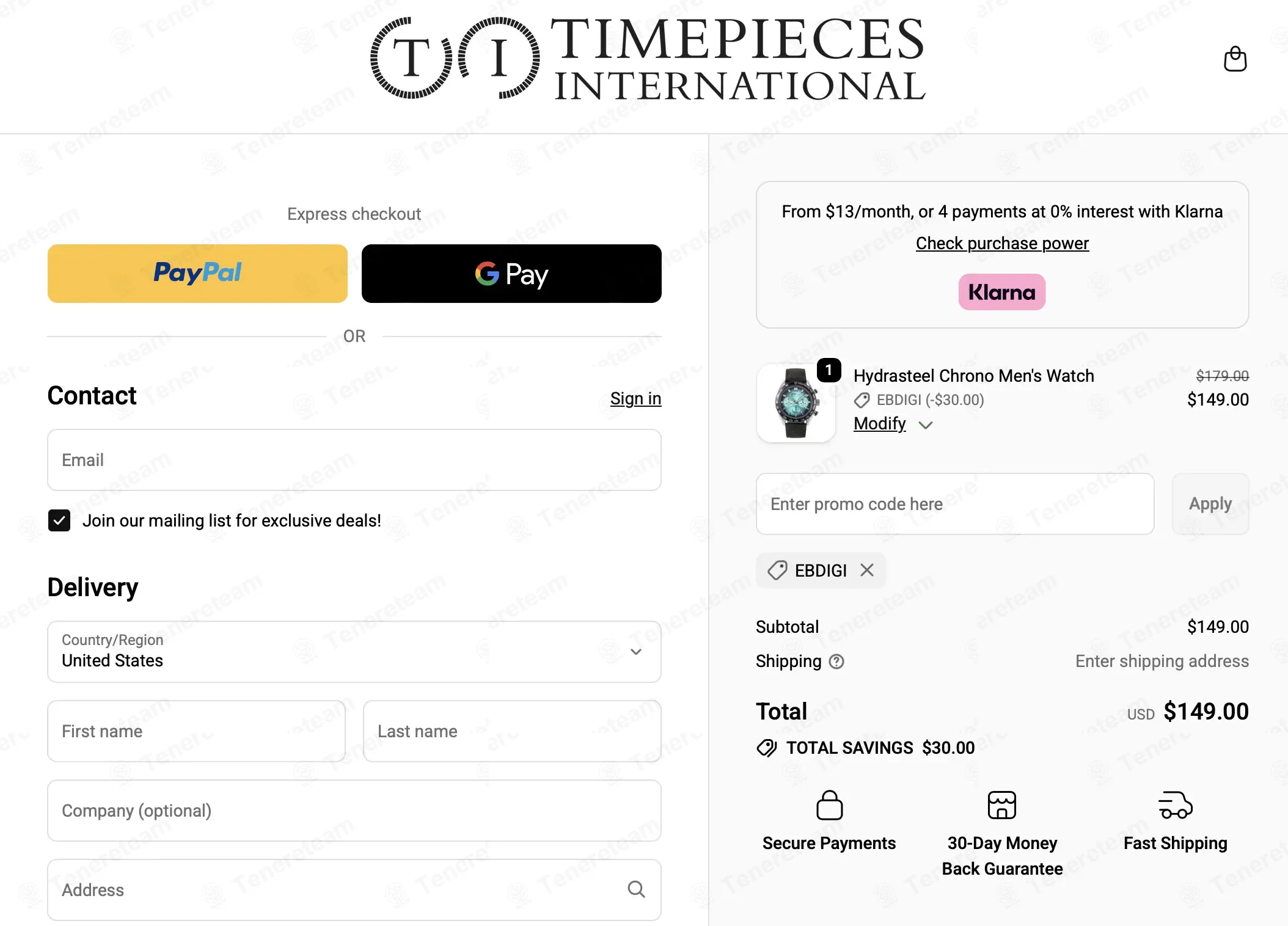 Timepieces USA coupon code: $30 off with EBDIGI. Tested and valid as 4 weeks ago.