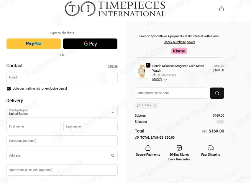 Timepieces USA coupon code: $30 off with EBDIGI. Tested and valid as 4 weeks ago.