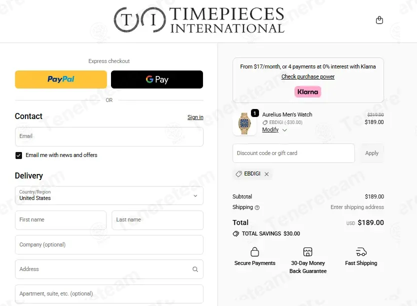 Timepieces USA coupon code: $30 off with EBDIGI. Tested and valid as 4 weeks ago.