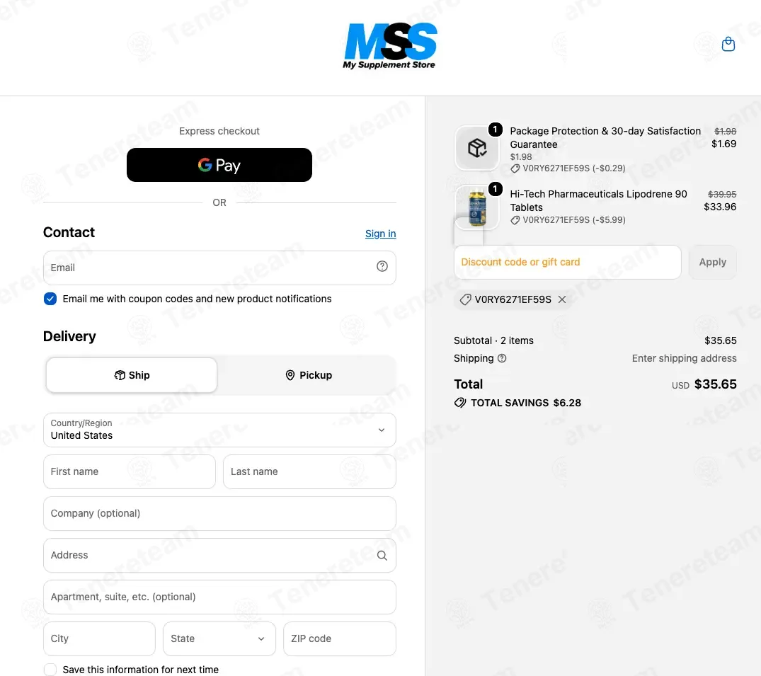 My Supplement Store coupon code: 15% off with V0RY6271EF59S. Tested and valid as 1 month ago.