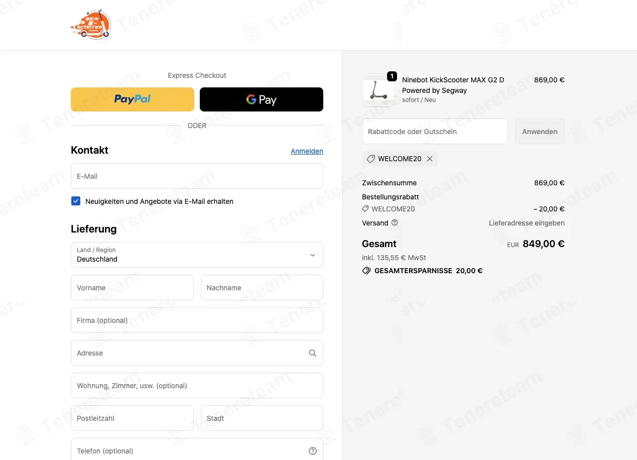 Mein Escooter coupon code: €20 off with WELCOME20. Tested and valid as 1 month ago.