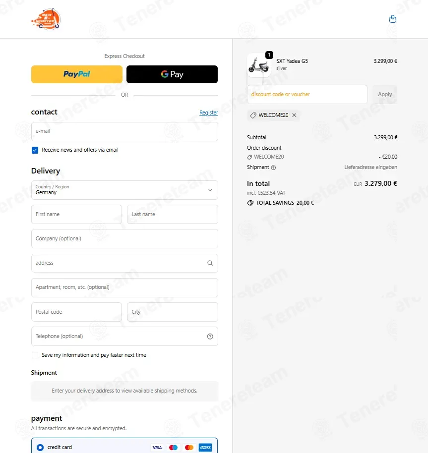 Mein Escooter coupon code: €20 off with WELCOME20. Tested and valid as 1 month ago.