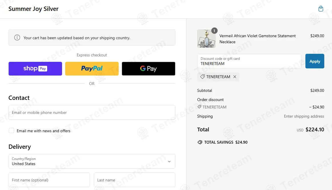 Summerjoy Silver coupon code: 10% off with TENERETEAM. Tested and valid as 1 year ago.