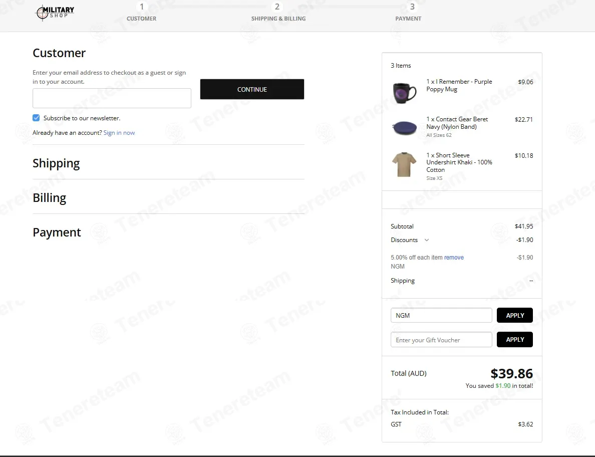 Military Shop coupon code: 5% off with NGM. Tested and valid as 1 month ago.