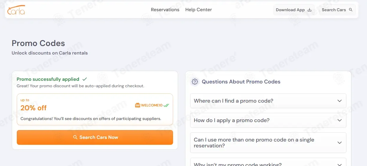 Carla Car Rental coupon code: 20% off with WELCOME10. Tested and valid as 4 days ago.