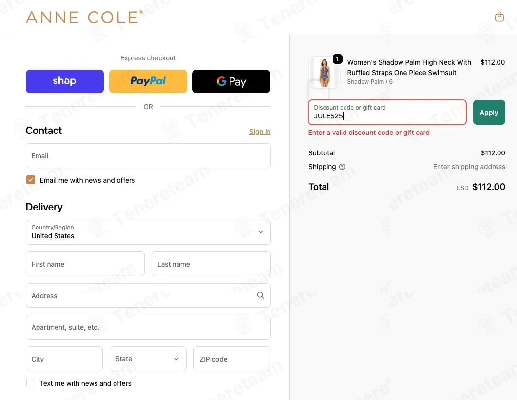 Anne Cole coupon code: 25% off with JULES25. Tested and valid as 2 months ago.