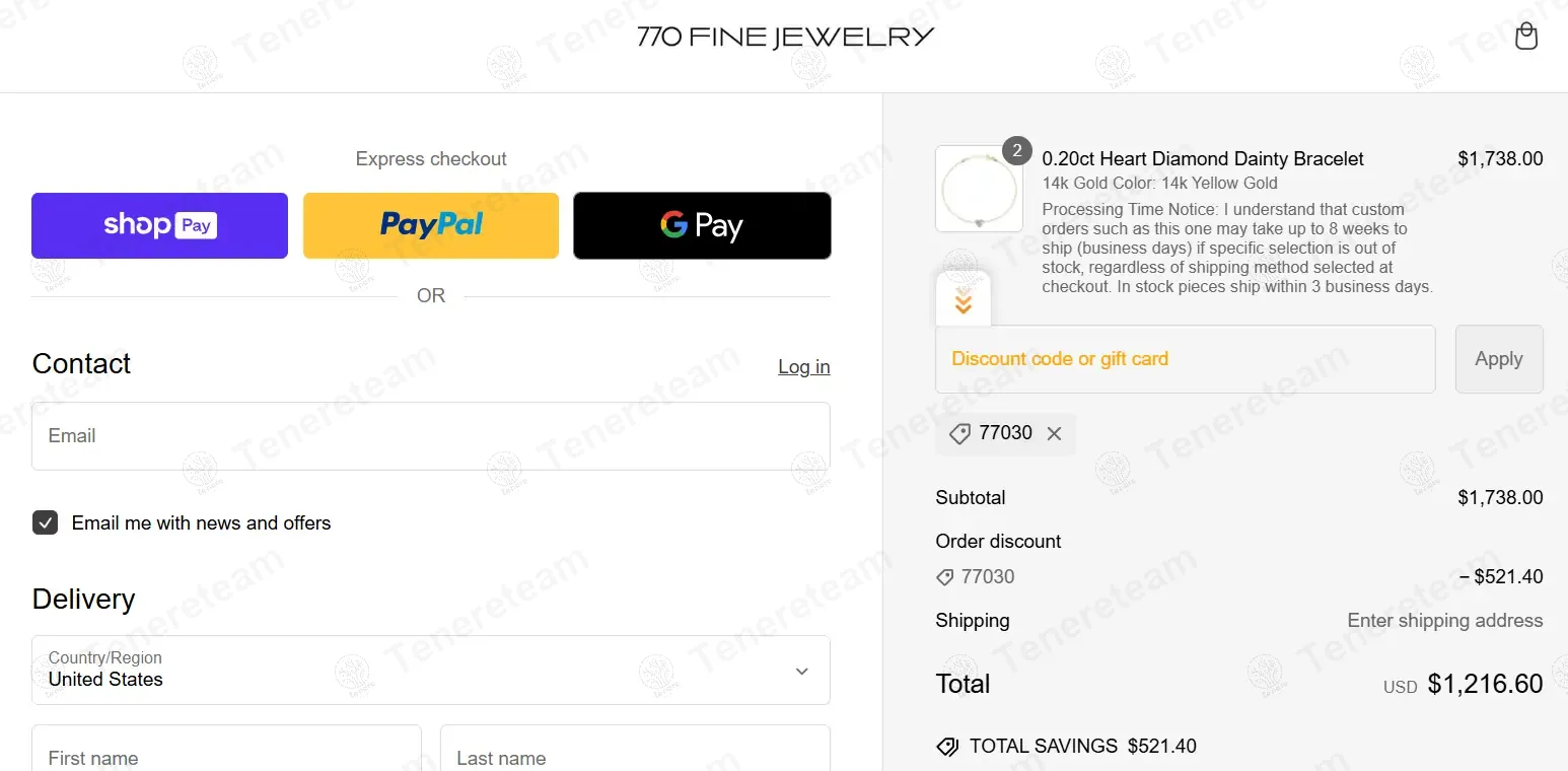 770 Fine Jewelry coupon code: 30% off with 77030. Tested and valid as 1 year ago.
