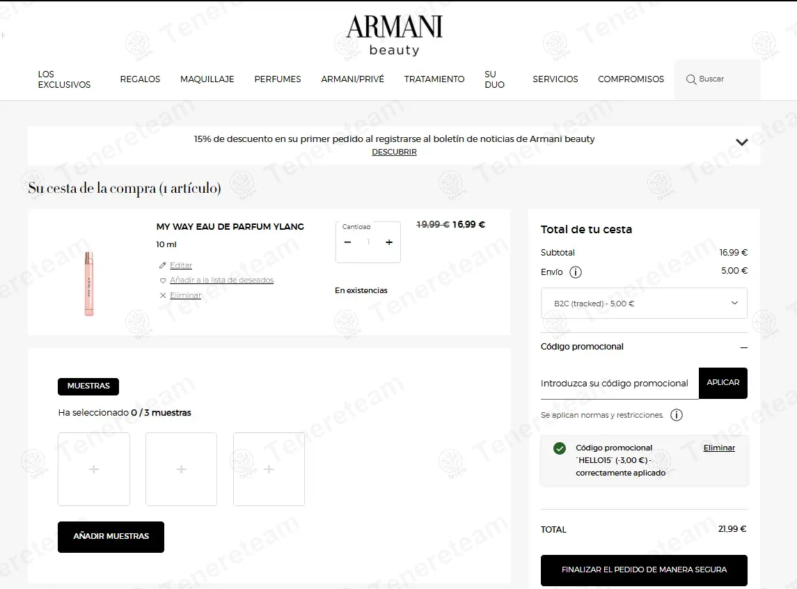 Armani Beauty ES coupon code: 15% off with HELLO15. Tested and valid as 1 year ago.