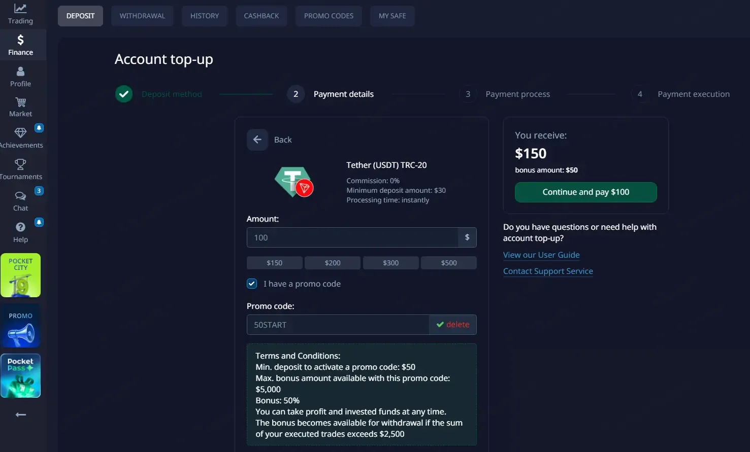 Pocket Option coupon code: 50% off with 50START. Tested and valid as 2 months ago.