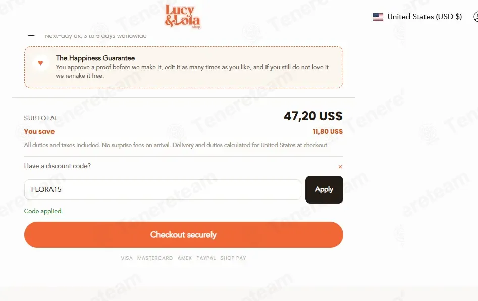 Lucy and Lola Shop coupon code: 25% off with FLORA15. Tested and valid as 2 weeks ago.