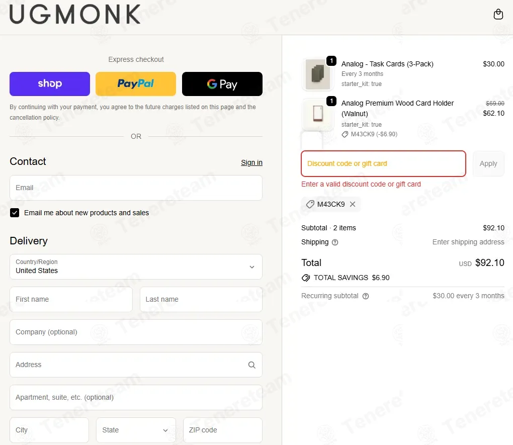 Ugmonk coupon code: 10% off with M43CK9. Tested and valid as 8 months ago.
