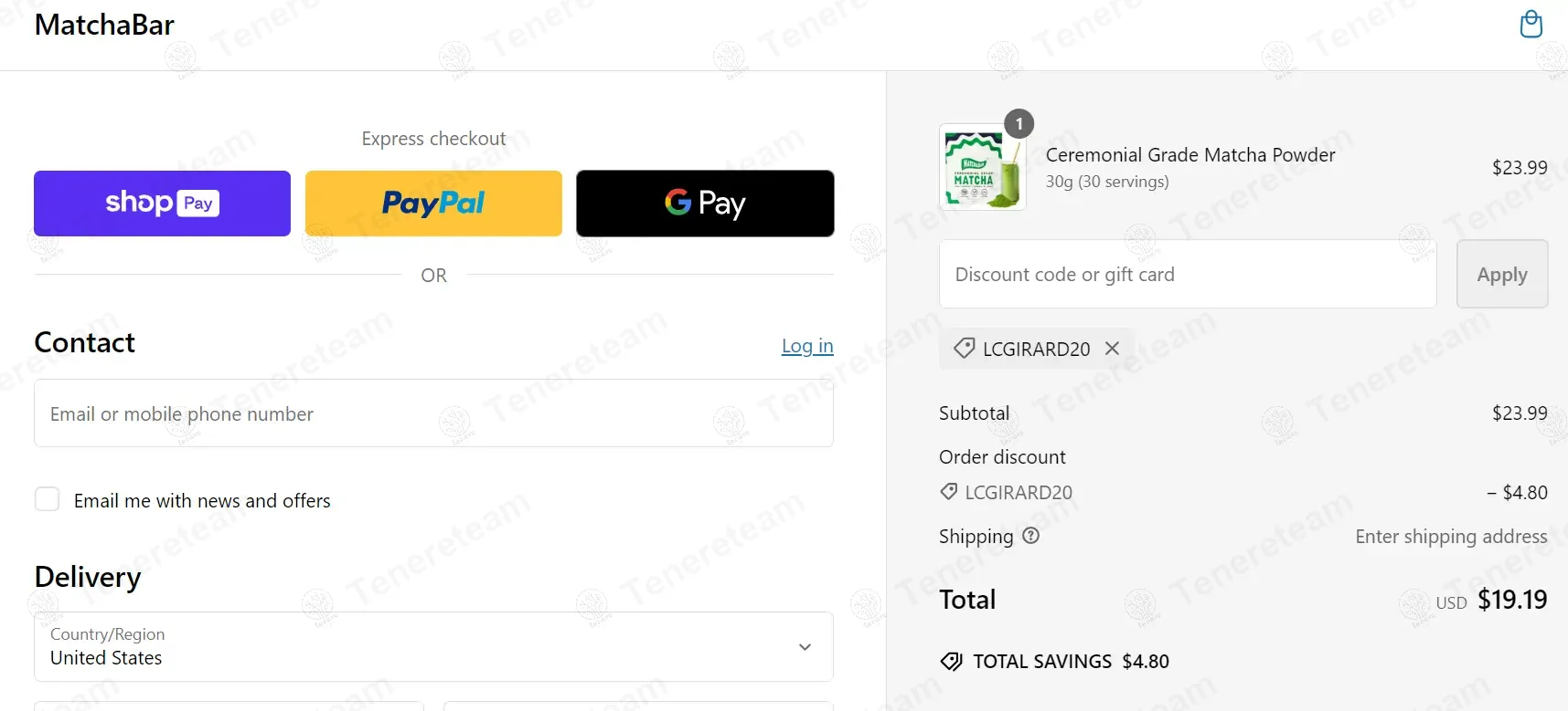 Matcha Bar CO coupon code: 20% off with LCGIRARD20. Tested and valid as 1 year ago.
