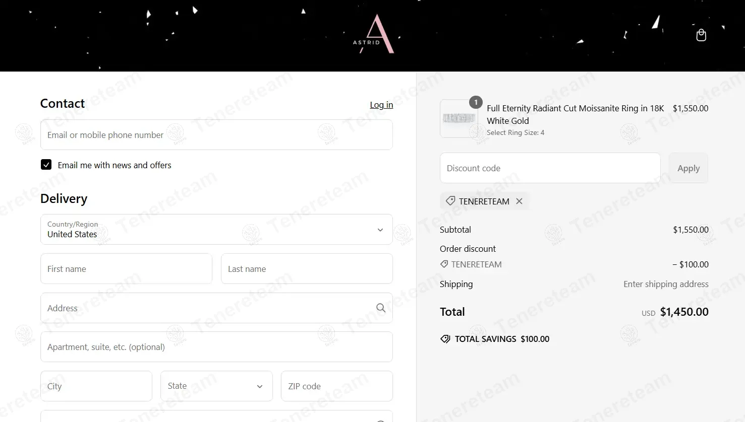 Astrid Moissanite coupon code: $100 off with TENERETEAM. Tested and valid as 1 year ago.