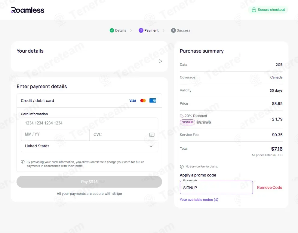 Roamless coupon code: 20% off with SIGNUP. Tested and valid as 3 weeks ago.