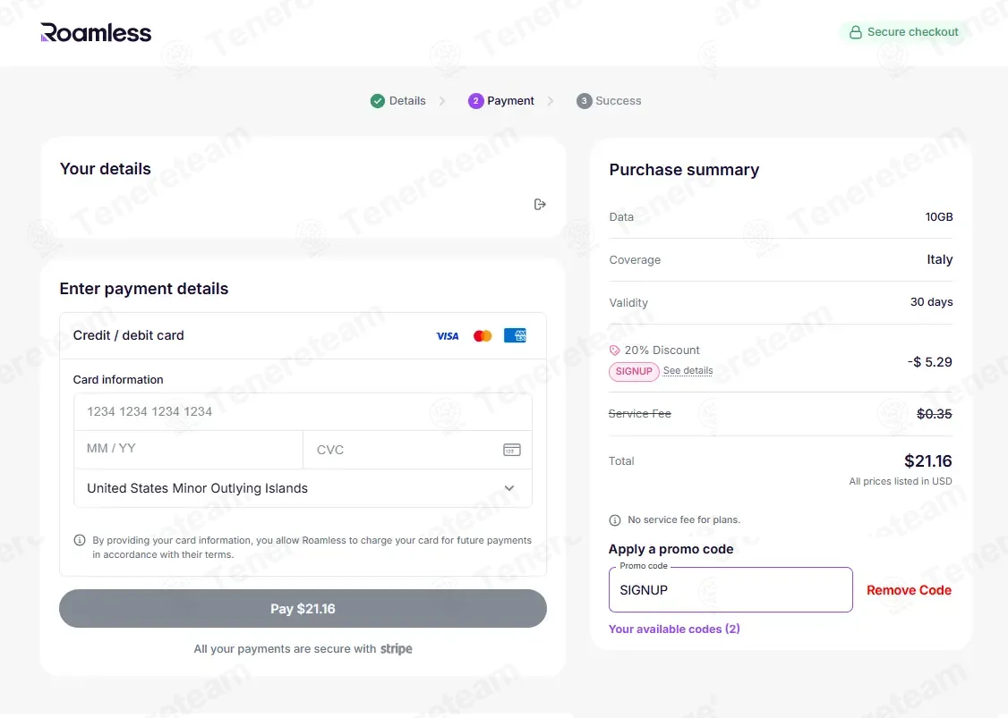 Roamless coupon code: 20% off with SIGNUP. Tested and valid as 3 weeks ago.