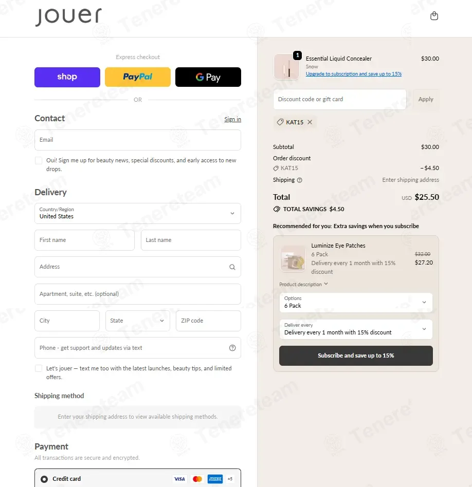 Jouer Cosmetics coupon code: 15% off with KAT15. Tested and valid as 3 weeks ago.
