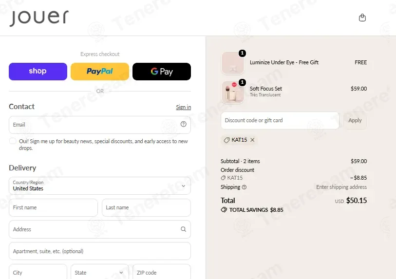 Jouer Cosmetics coupon code: 15% off with KAT15. Tested and valid as 3 weeks ago.