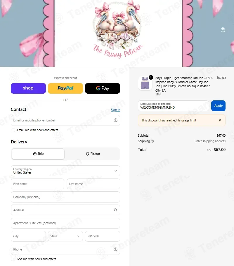 The Prissy Pelican coupon code: 10% off with WELCOME106SMMR2ND. Tested and valid as 3 weeks ago.