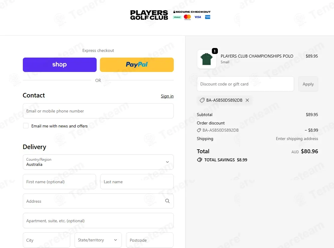 PLAYERS CLUB coupon code: 10% off with BA-A5B50D5892DB. Tested and valid as 7 months ago.