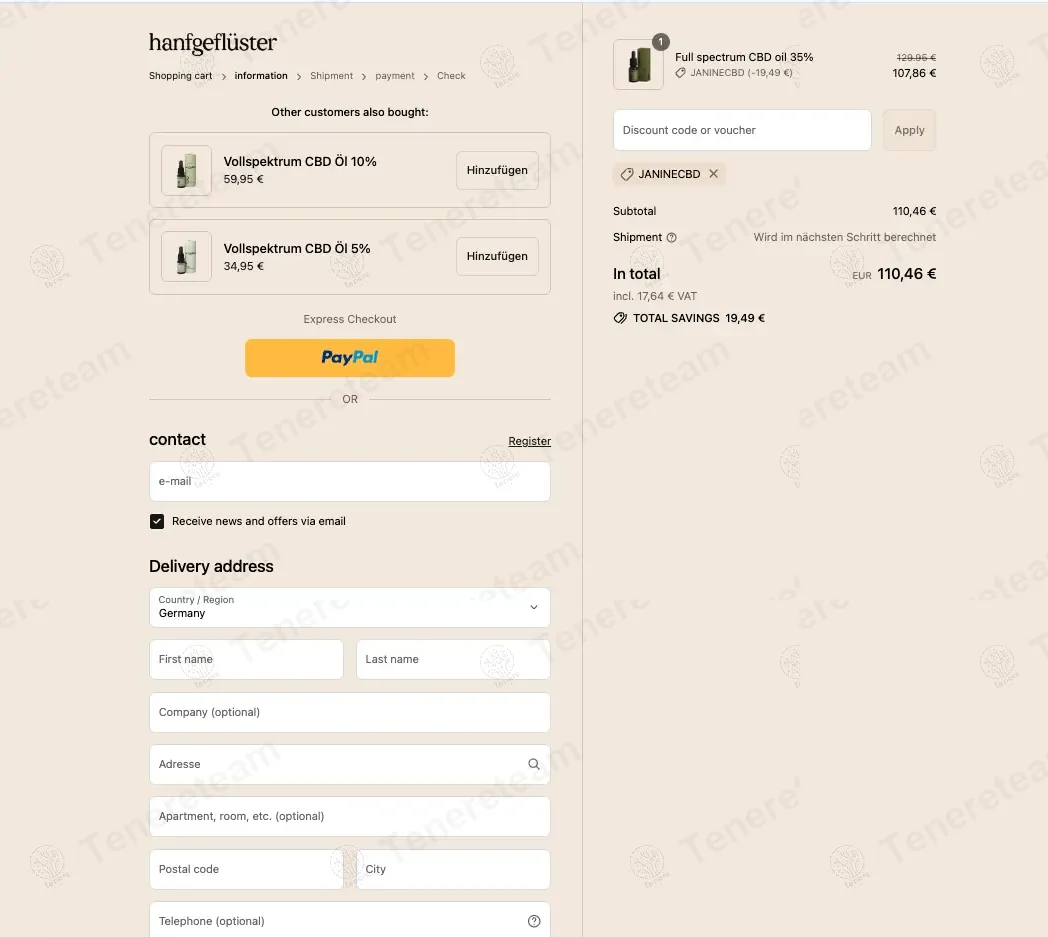 Hanfgefluester DE coupon code: 15% off with JANINECBD. Tested and valid as 9 months ago.