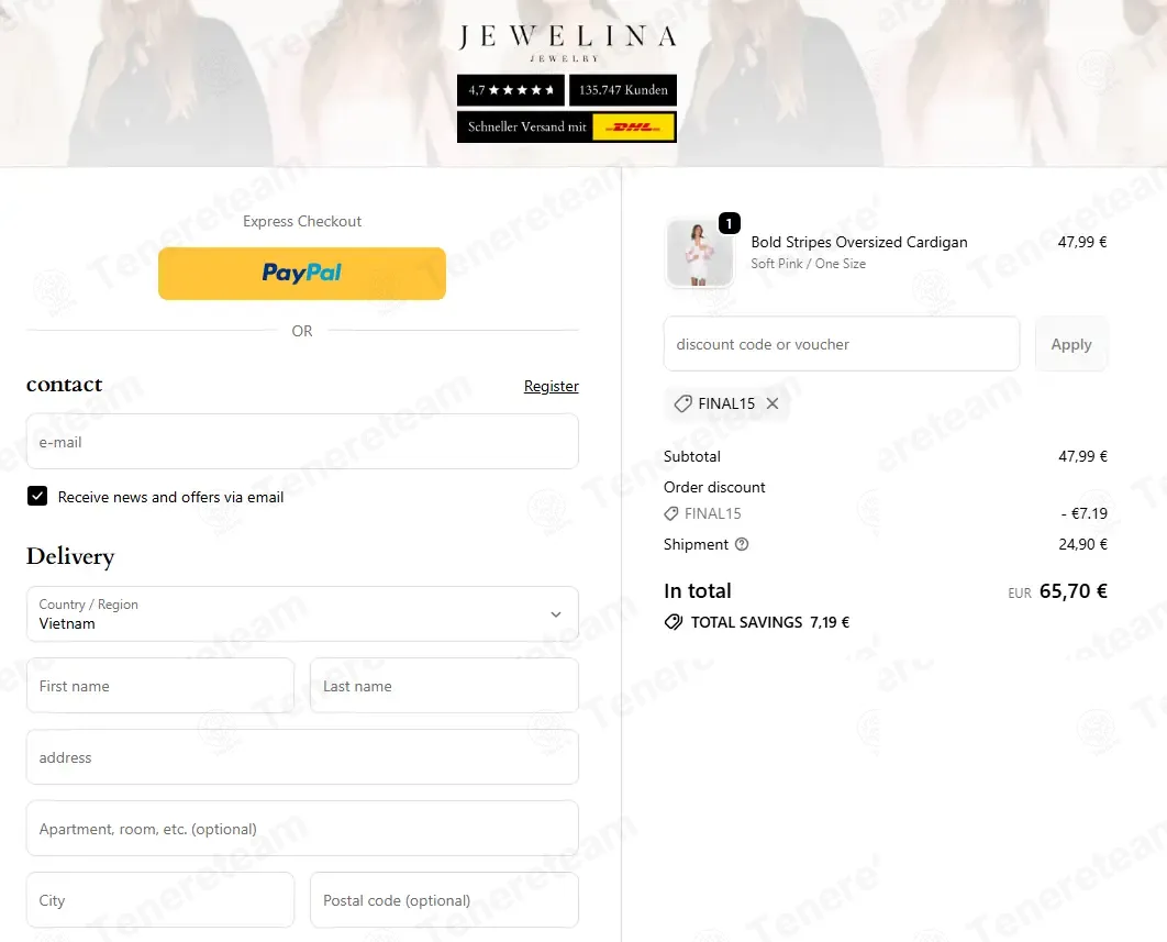Jewelina coupon code: 15% off with FINAL15. Tested and valid as 1 month ago.