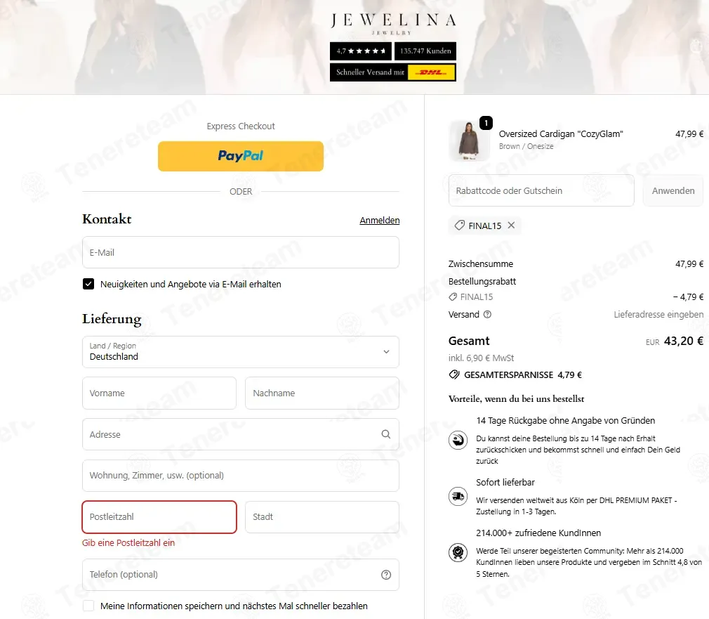 Jewelina coupon code: 15% off with FINAL15. Tested and valid as 1 month ago.