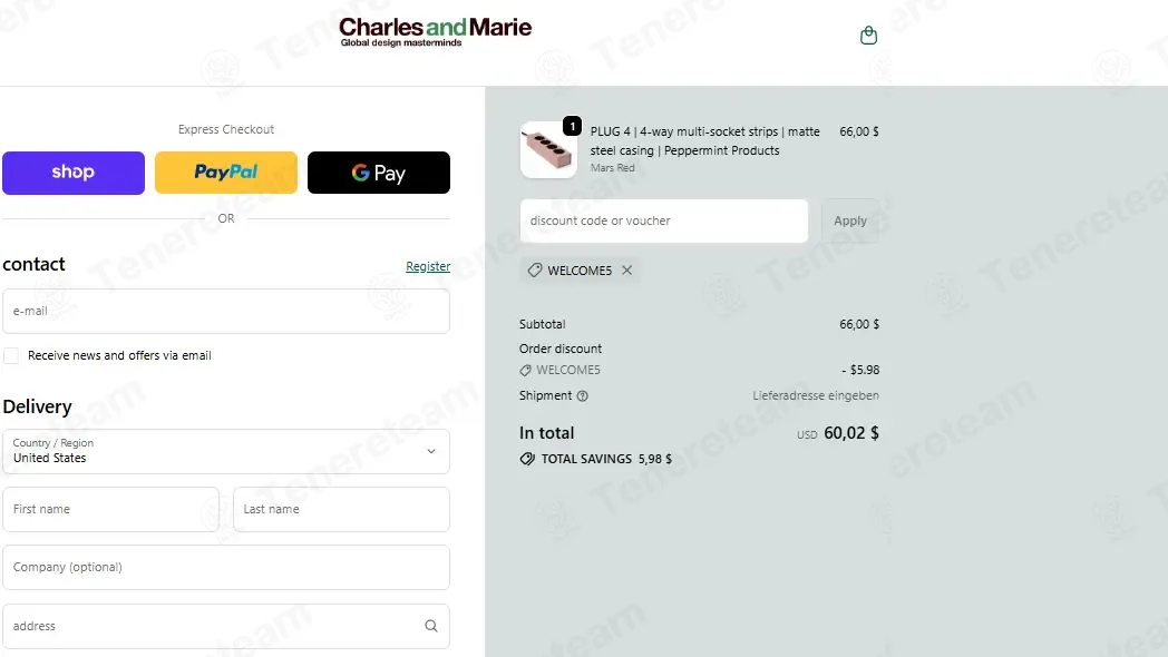 Charles and Marie coupon code: 5% off with WELCOME5. Tested and valid as 1 minute ago.