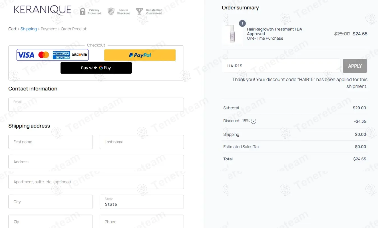 Keranique Shop coupon code: 15% off with HAIR15. Tested and valid as 7 months ago.