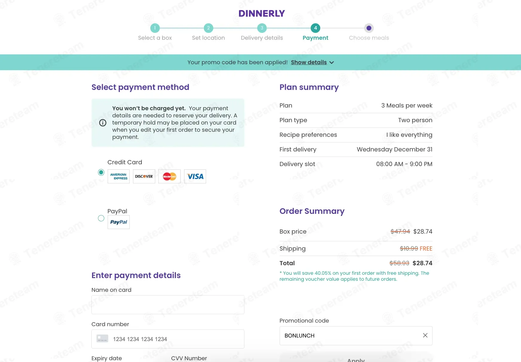 Dinnerly coupon code: 50% off with BONLUNCH. Tested and valid as 1 week ago.