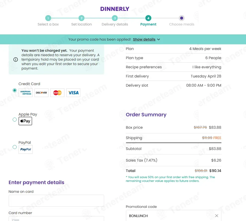 Dinnerly coupon code: 50% off with BONLUNCH. Tested and valid as 1 week ago.