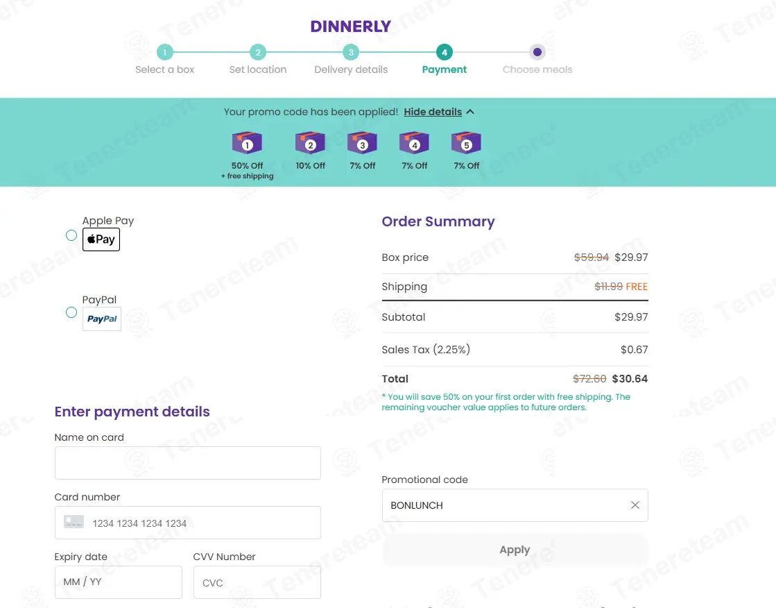 Dinnerly coupon code: 50% off with BONLUNCH. Tested and valid as 1 week ago.