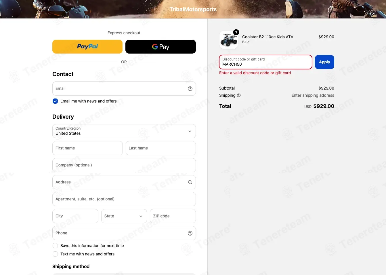 Tribal Motorsports coupon code: $50 off with MARCH50. Tested and valid as 1 month ago.