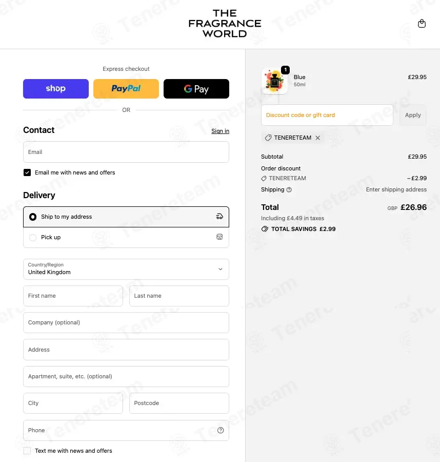 The Fragrance World coupon code: 10% off with TENERETEAM. Tested and valid as 2 months ago.