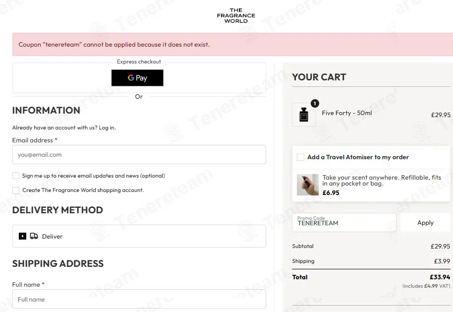 The Fragrance World coupon code: 10% off with TENERETEAM. Tested and valid as 2 months ago.