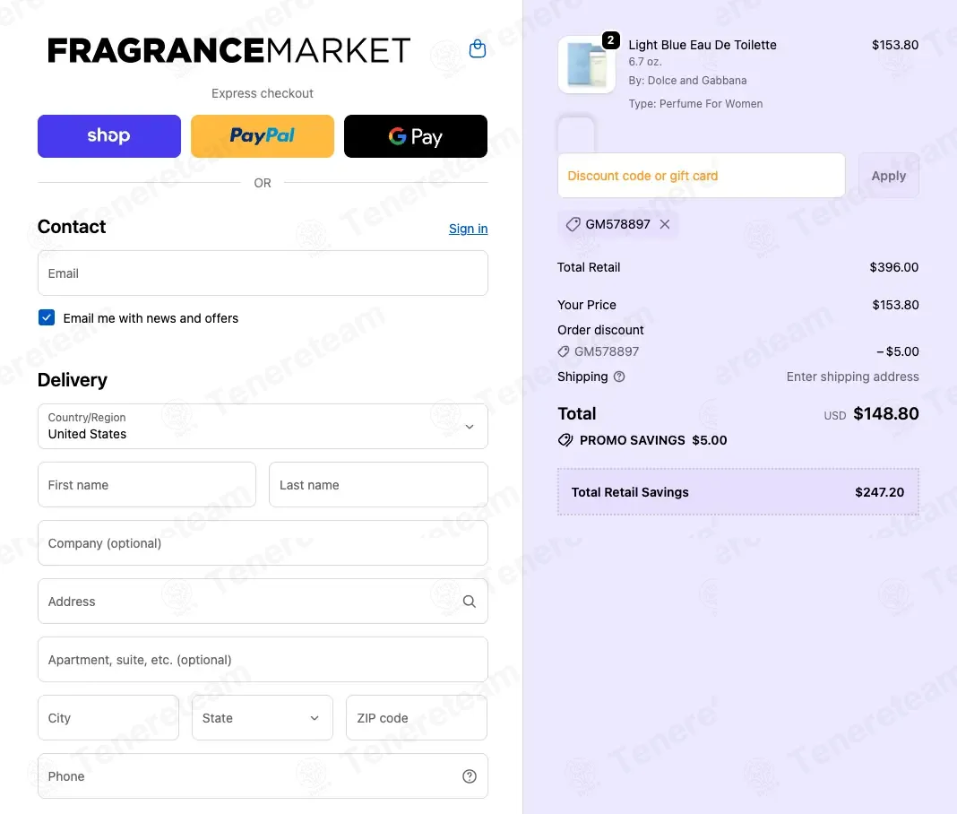 Fragrance Market coupon code: $5 off with GM578897. Tested and valid as 8 months ago.