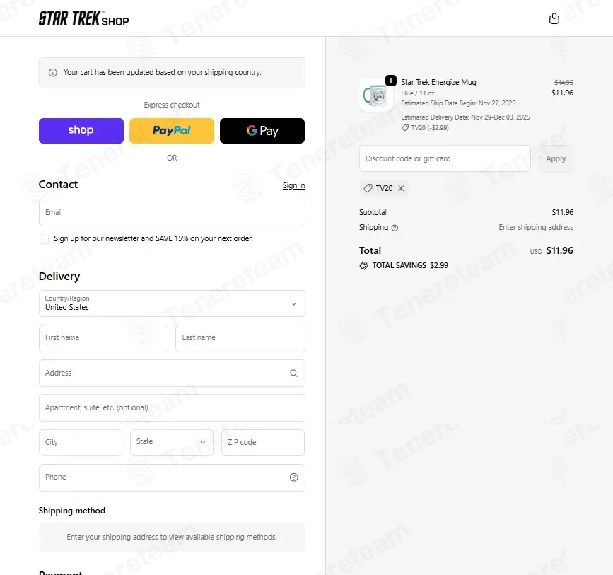 Star Trek Shop apply coupon code